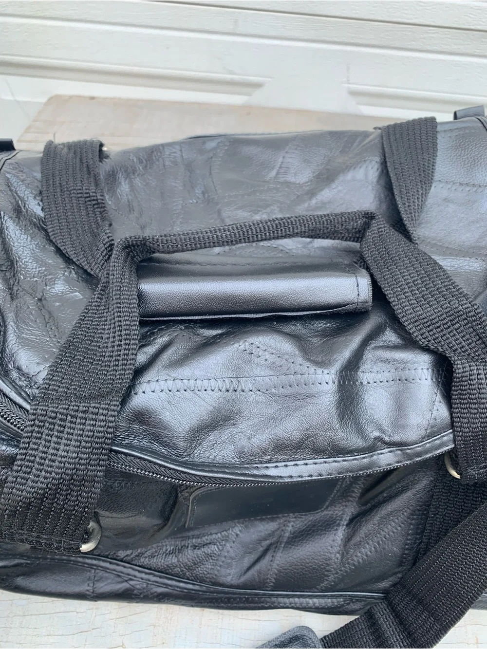 Vintage Seville Black Leather Patchwork Weekender Duffle Travel Bag Gym Pockets